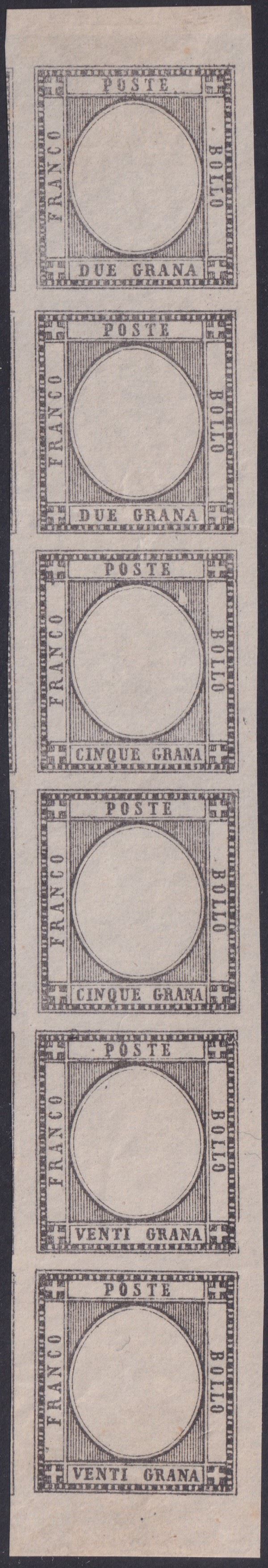 Neapolitan Province - Black proof of the Third Stone, vertical strip containing the 2gr., 5gr., and 20gr. filler blocks.