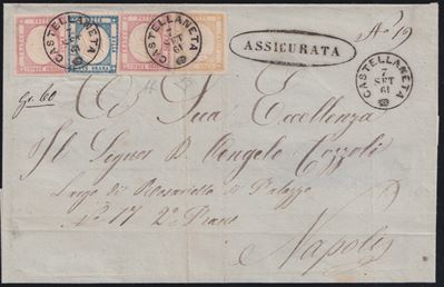 Diena (Enzo e Alberto), 07.09.1861, Busta assicurata Castellaneta–Napoli con affrancatura tricolo...