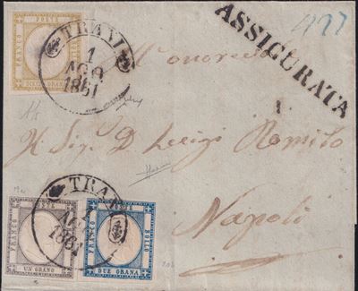 Alberto Diena, Prov. Napoletane – Storia postale, lettera assicurata Trani-Napoli affrancata con ...