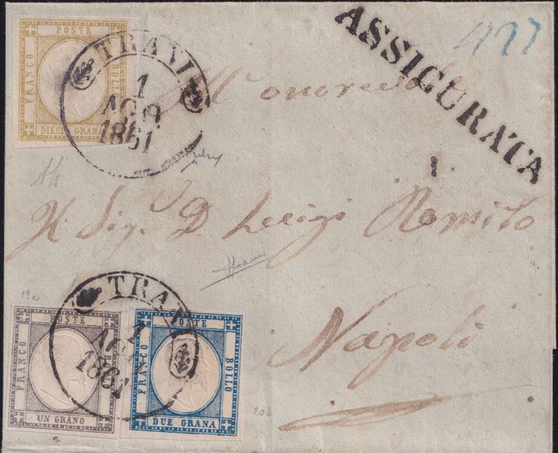 Alberto Diena, Prov. Napoletane – Storia postale, lettera assicurata Trani-Napoli affrancata con ...