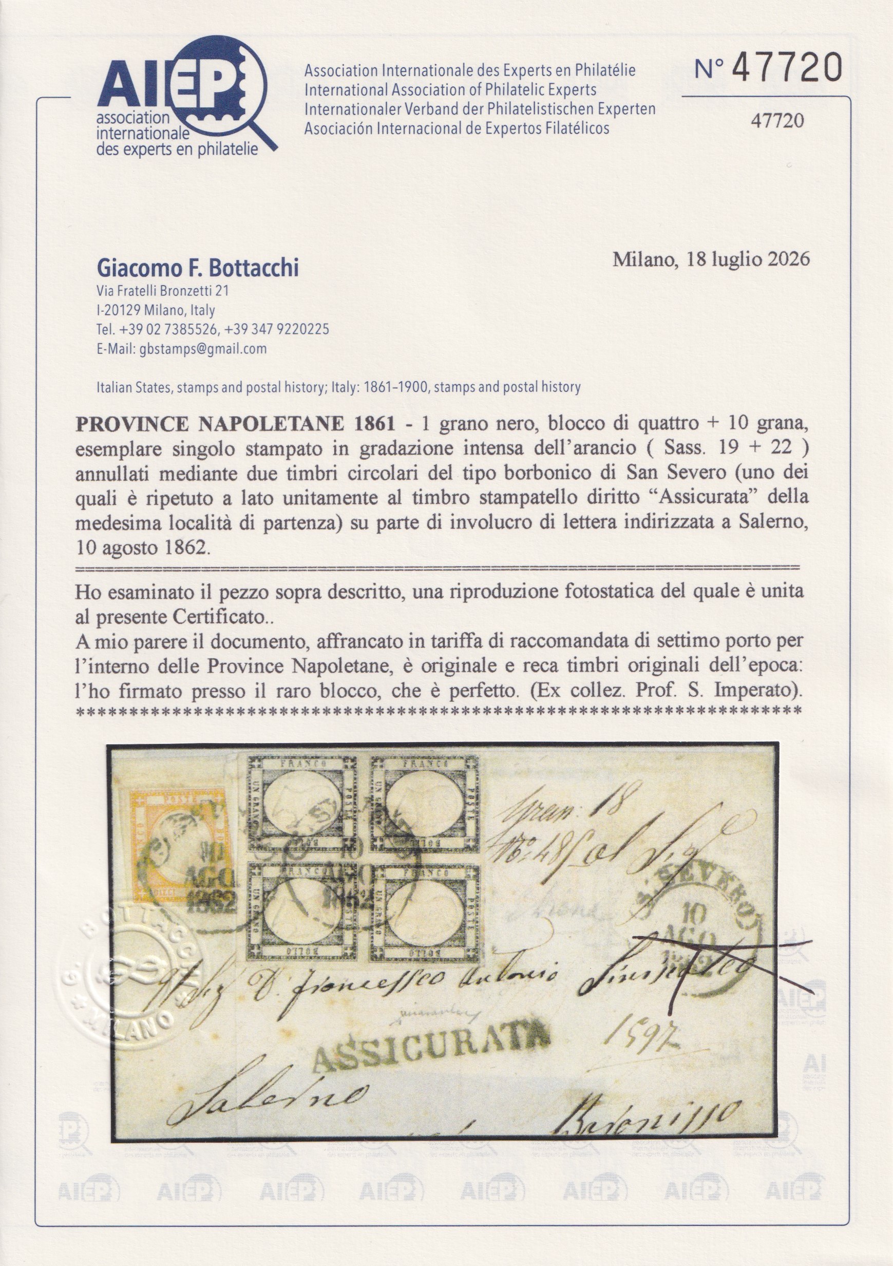 Italia, Prov. Napoletane—Storia postale: grande parte di lettera assicurata con affrancatura mist...