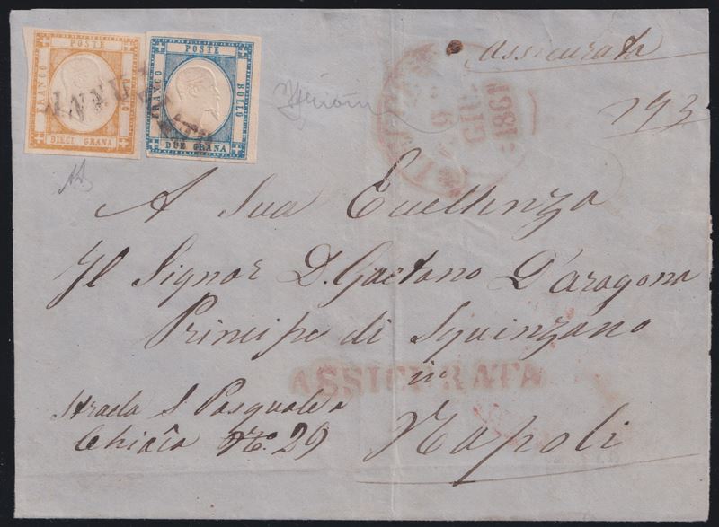 Frammento di corrispondenza del 09.06.1861, Busta da Lecce per Napoli con affrancatura multipla e...