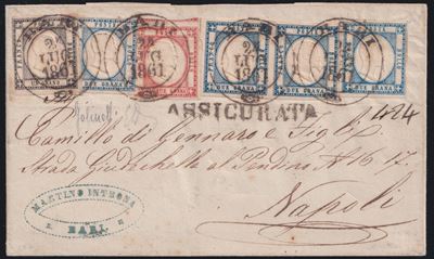 Prov. Napoletane, Storia Postale: affrancatura assicurata Bari–Napoli con combinazione 1 gr. nero...