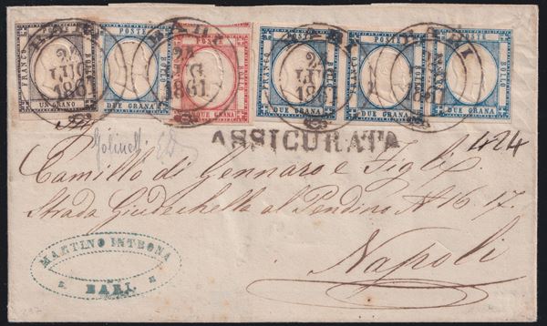 Prov. Napoletane - Storia Postale, rarissima combinazione 1gr. + 5gr. + 2gr. x4