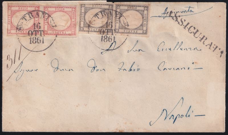 Francobolli di Napoli, coppia da 1 gr. con tripla effige su busta assicurata (16.10.1861)