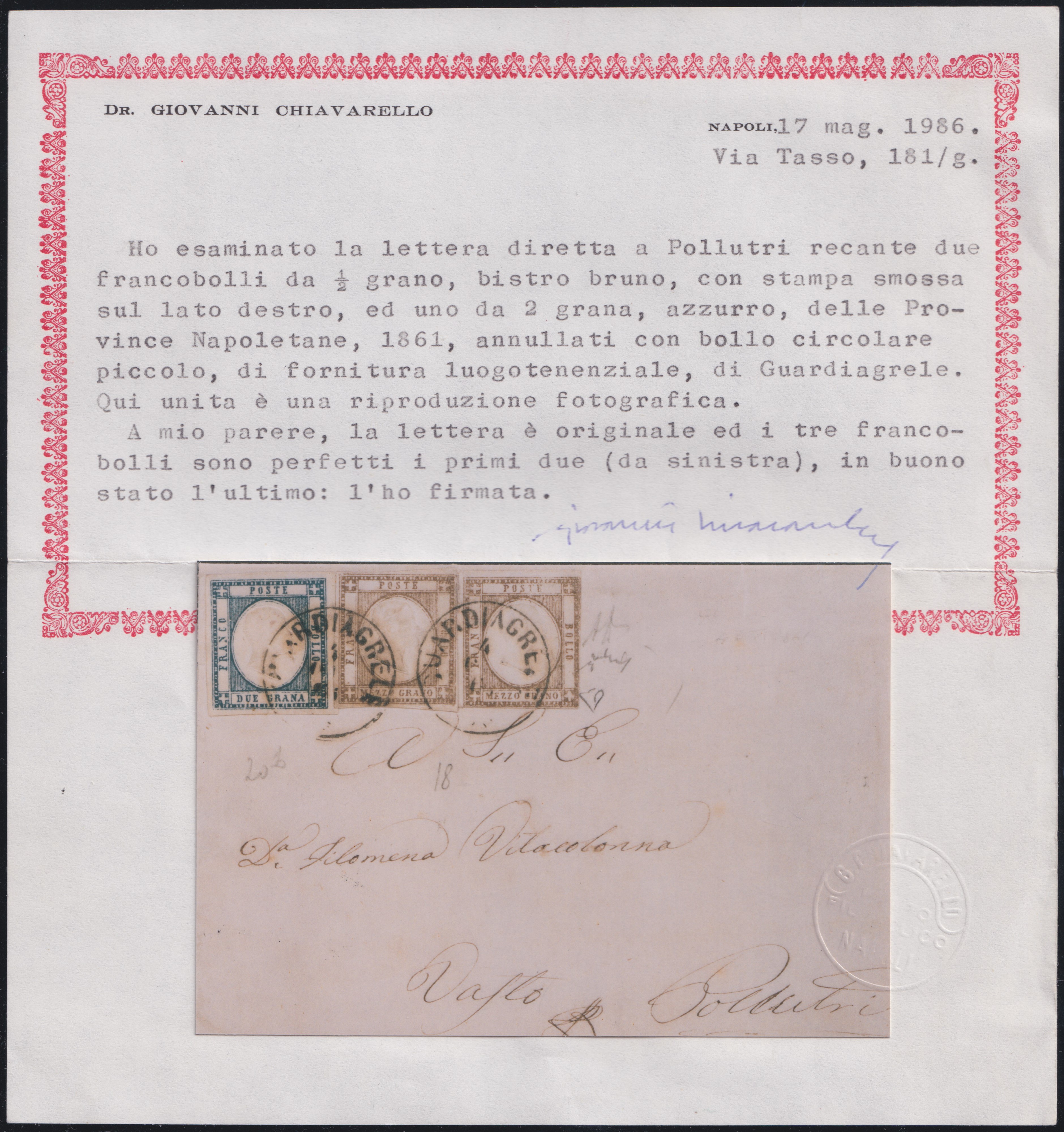 Alberto Diena (attribuito), Prov. Napoletane - Storia postale, busta con combinazione 2 gr. + 1/2...