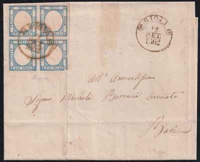 Prov. napoletane, Storia postale su busta con affrancatura in blocco di quattro da 2 gr (12.09.18...