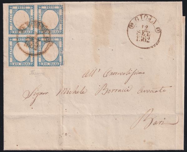 Neapolitan Province - Postal History, 2 gr. in block of four on envelope.