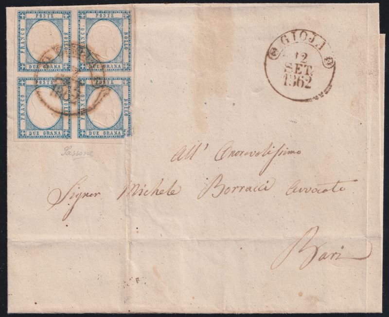Prov. napoletane, Storia postale su busta con affrancatura in blocco di quattro da 2 gr (12.09.18...