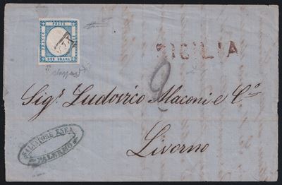 1862, Lettera da Napoli per Livorno con affrancatura 2 gr. azzurro chiaro n. 20, annullamenti e “...