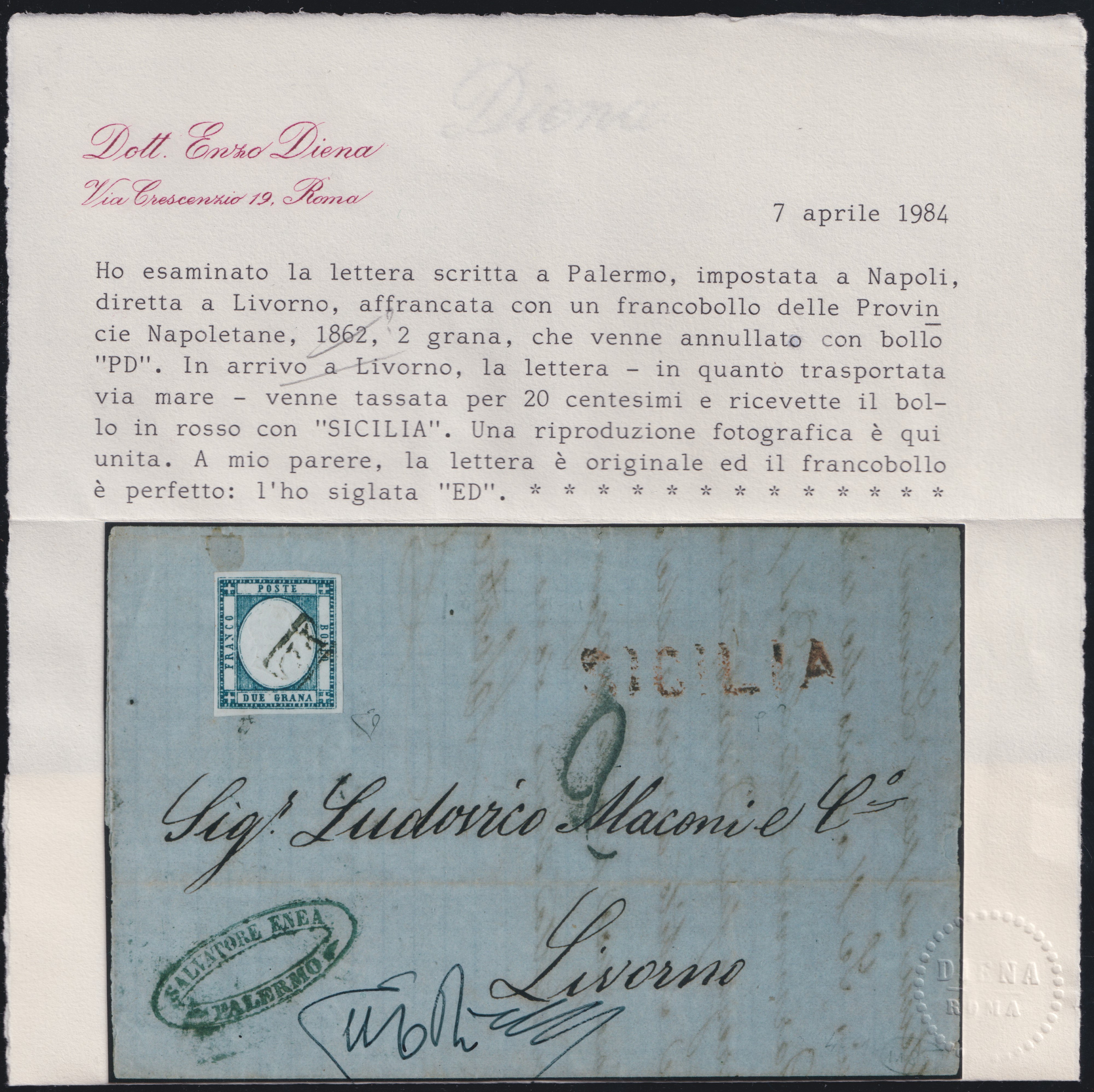 1862, Lettera da Napoli per Livorno con affrancatura 2 gr. azzurro chiaro n. 20, annullamenti e “...