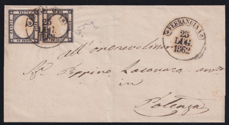 Diena, Prov. Napoletane: annullamenti da Ferrandina per Potenza (25.07.1862), affrancatura con 2 ...