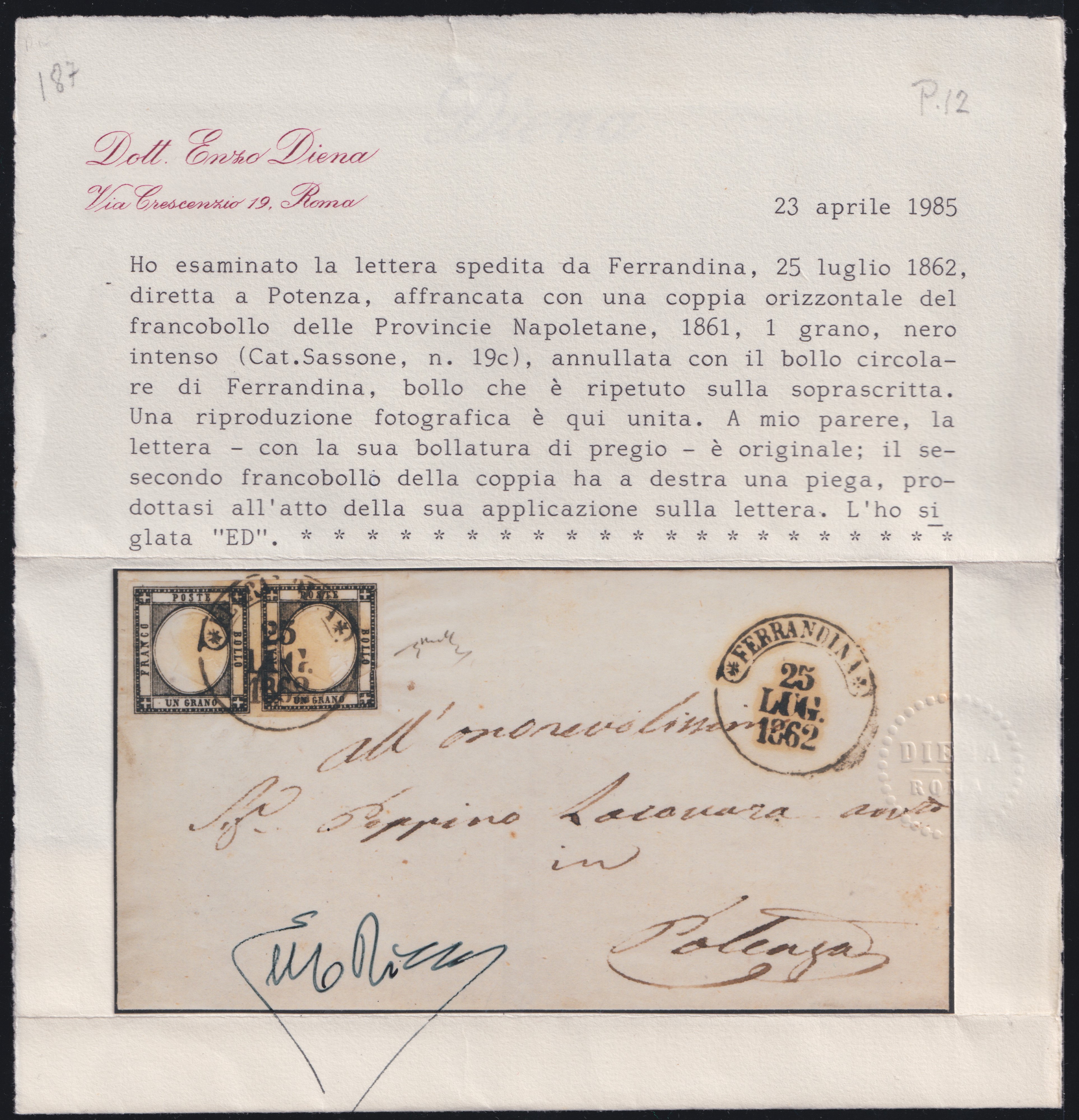Diena, Prov. Napoletane: annullamenti da Ferrandina per Potenza (25.07.1862), affrancatura con 2 ...
