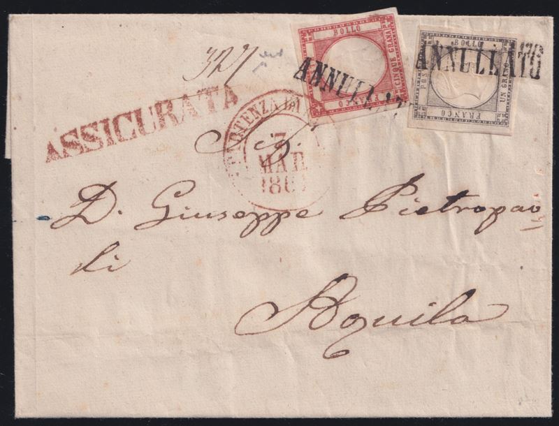 Chiavarello, Busta da Napoli per l’Aquila (7 marzo 1861) con affrancatura 6 gr e annullamenti “AN...