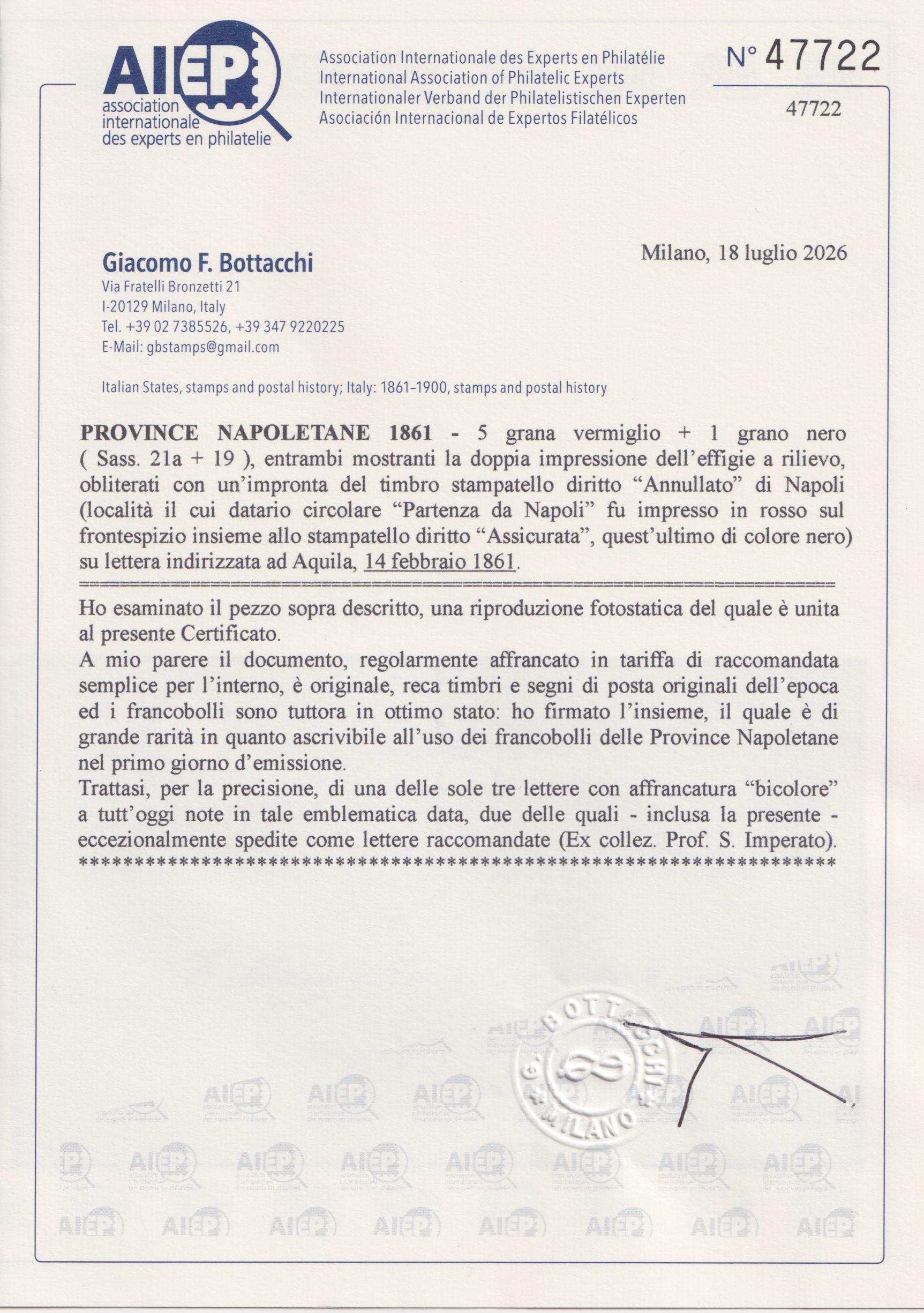 Certificati e provenienza storica, Primo giorno d’emissione 14 febbraio 1861 (busta assicurata Na...