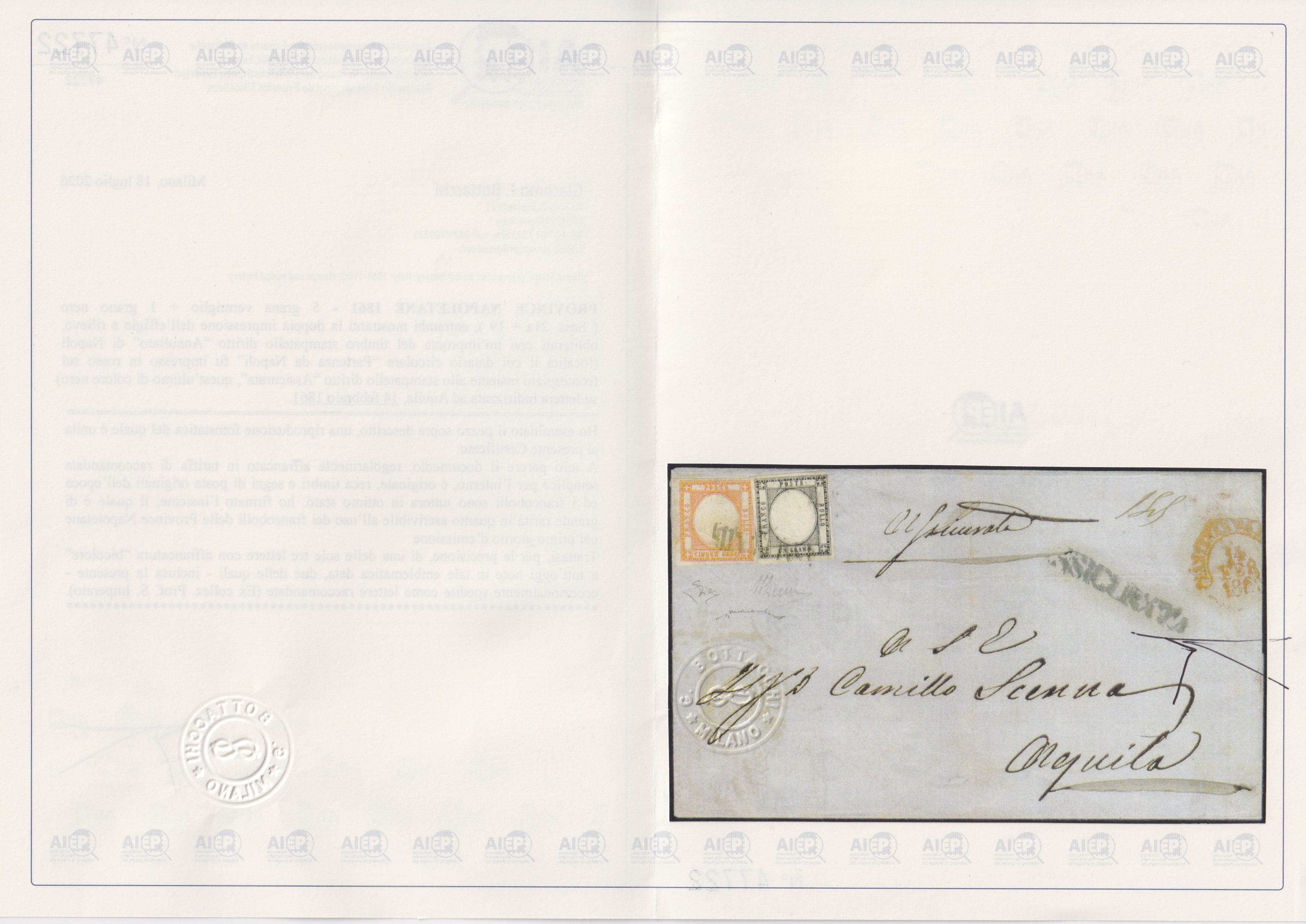Certificati e provenienza storica, Primo giorno d’emissione 14 febbraio 1861 (busta assicurata Na...