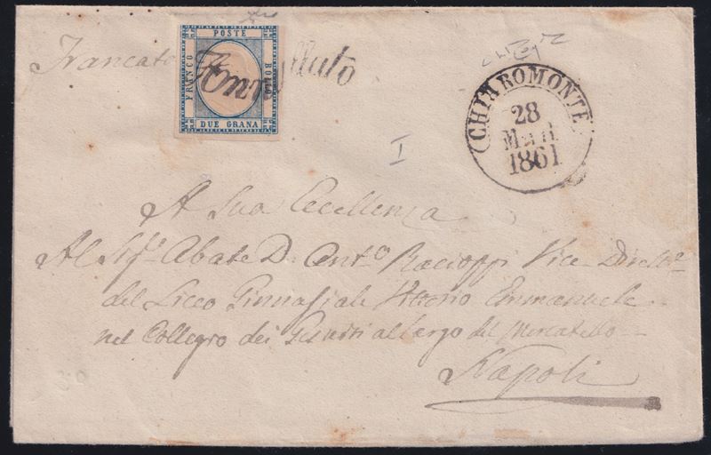Chiaromonte (prov. napoletane), Lettera del 28.03.1861 per Napoli con affrancatura a coppia da 2 ...