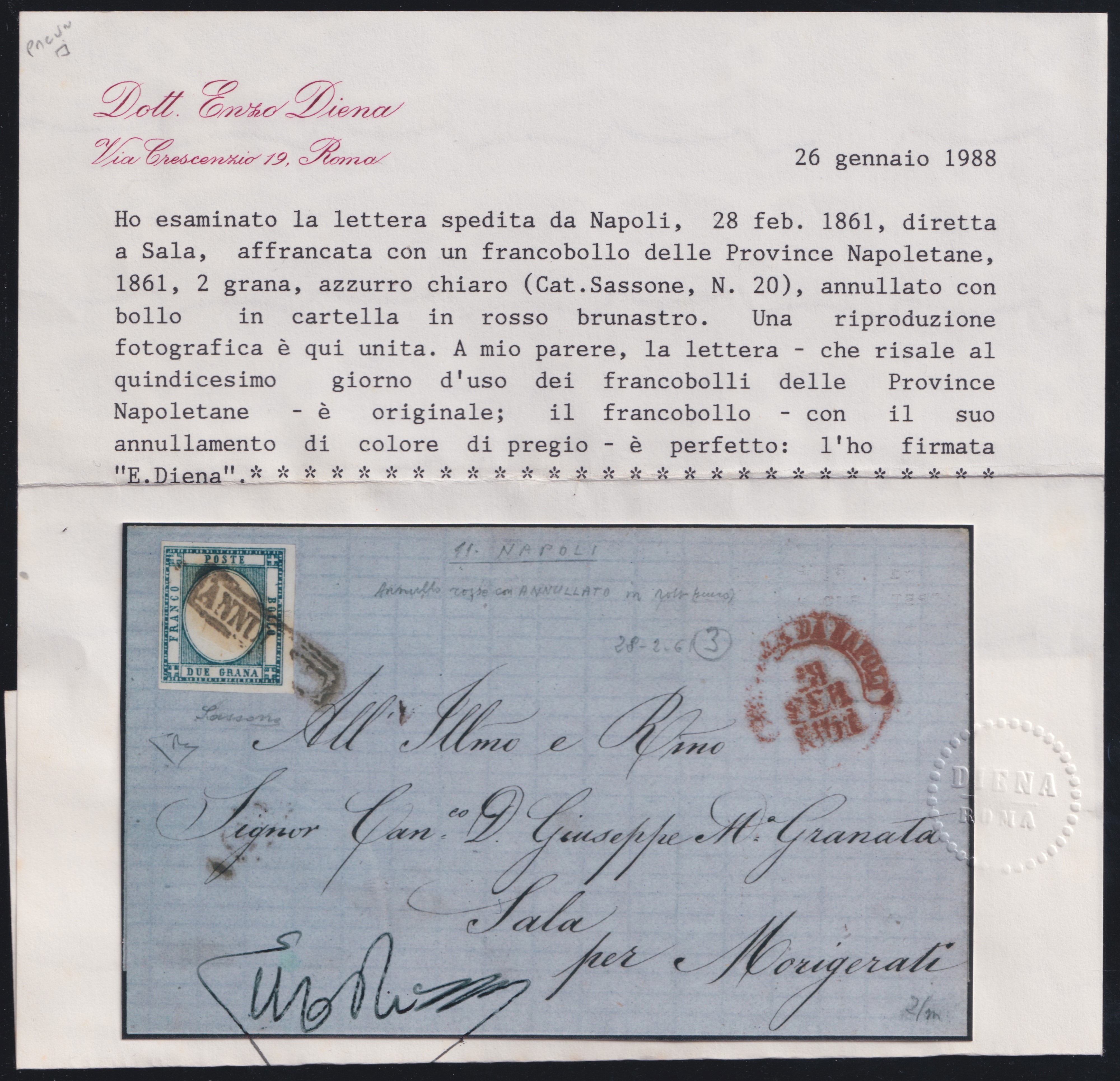 Regno d’Italia, Prov. Napoletane: annullato in cartella “ANNULLATO” rosso bruno (pt.12)