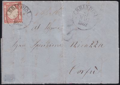 Affrancatura con francobollo da 5 gr, Lettera da Brindisi a Corfù, 31.05.1862