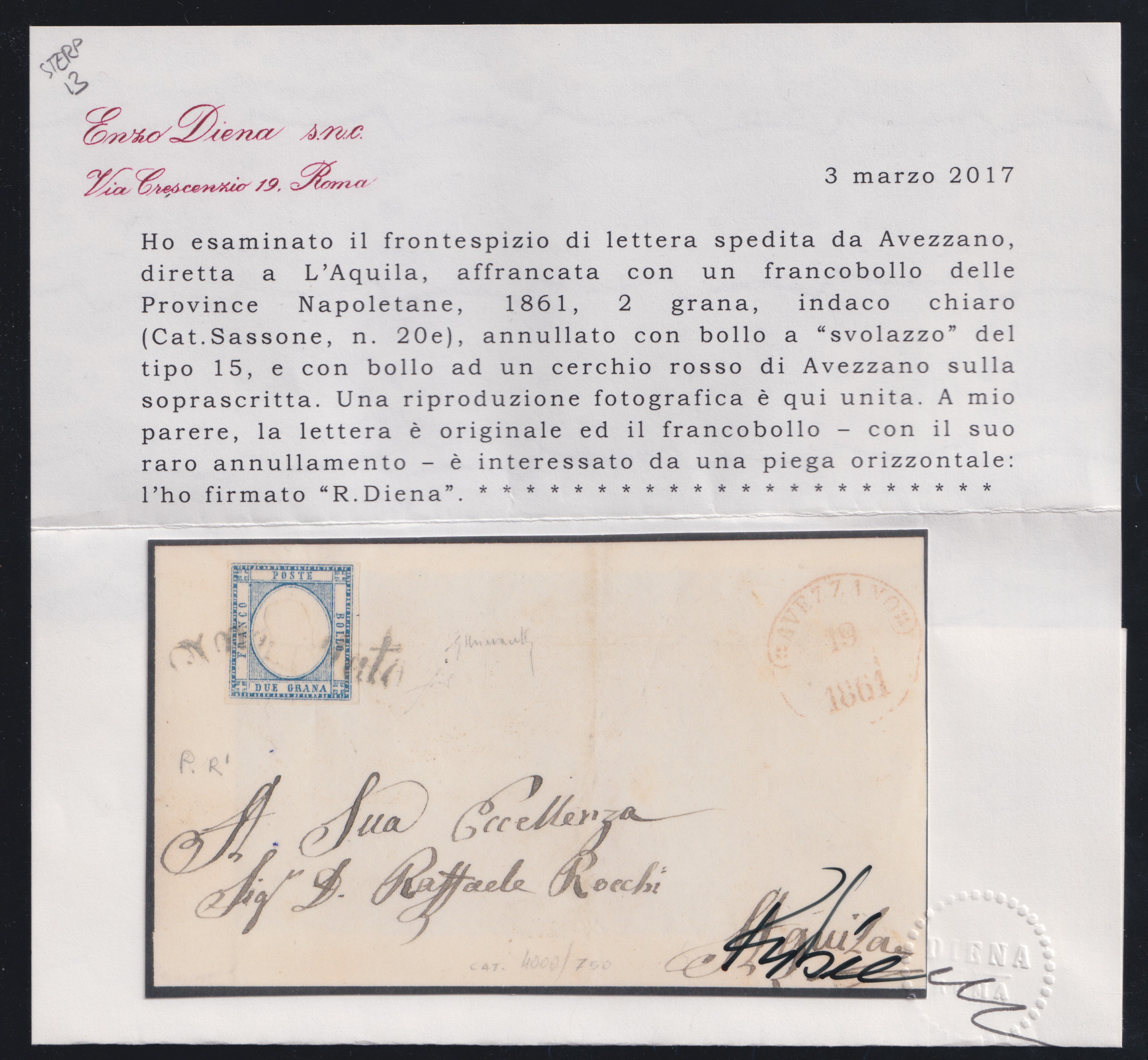 Diena (cert.), Frontespizio di lettera da Avezzano per L’Aquila con affrancatura 2 gr indaco chia...