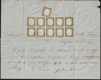 Bollo postale austriaco (5 centesimi, Verde olivastro) n. 13Dc, Sardegna – IV emissione, blocco d...