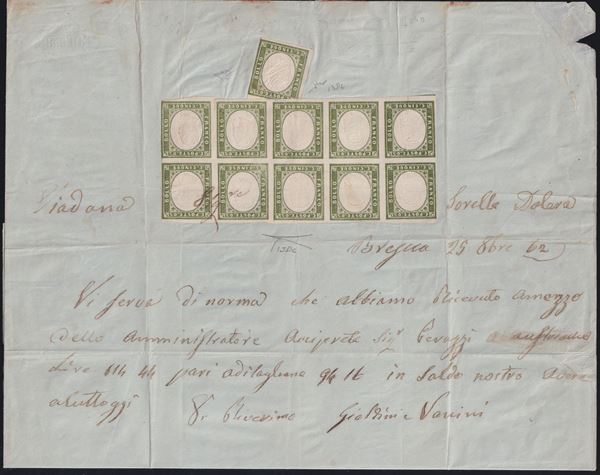 Sardinia - IV issue, 5 cents Olive Green no. 13Dc in block of 10