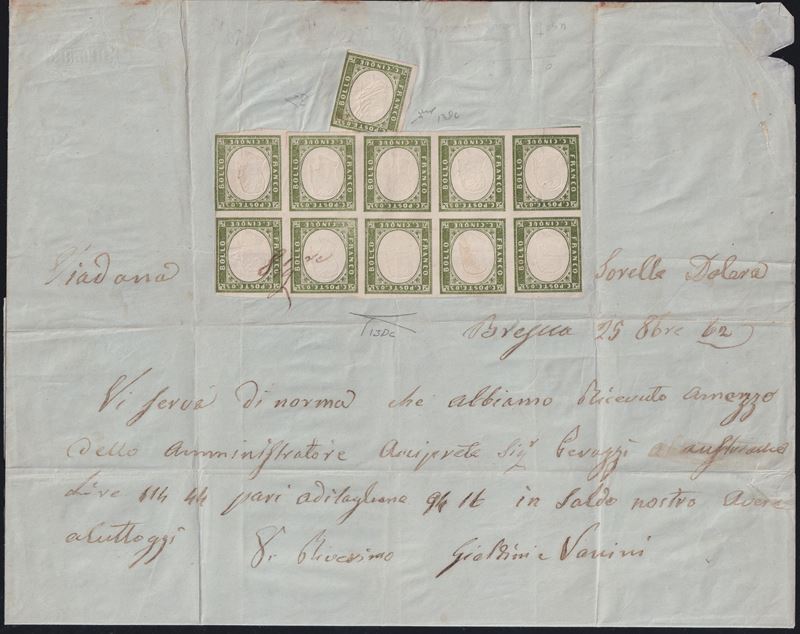 Bollo postale austriaco (5 centesimi, Verde olivastro) n. 13Dc, Sardegna – IV emissione, blocco d...