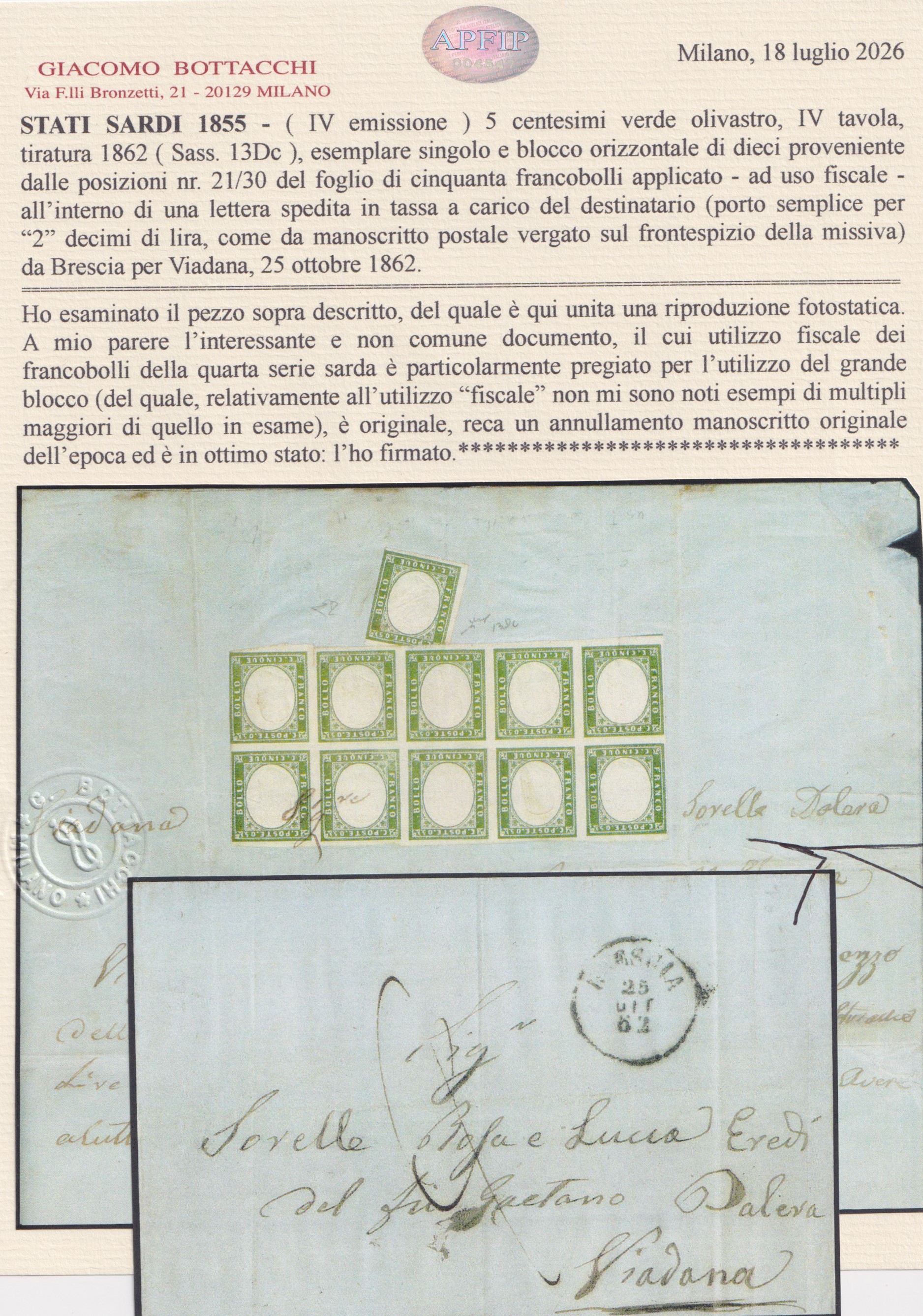Bollo postale austriaco (5 centesimi, Verde olivastro) n. 13Dc, Sardegna – IV emissione, blocco d...