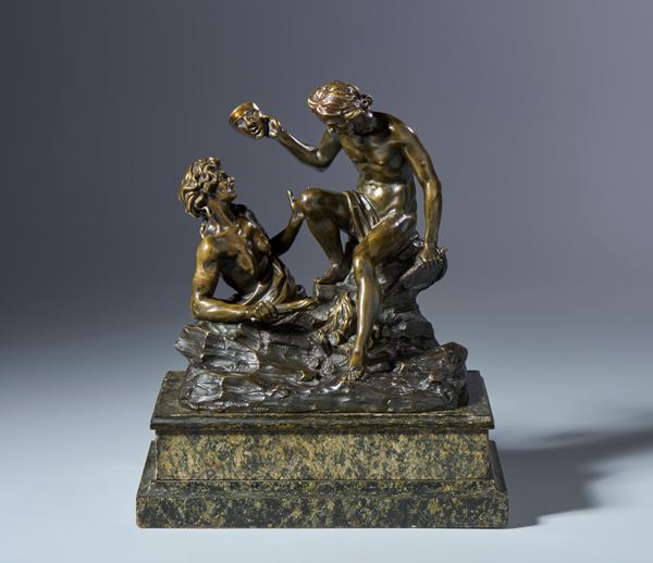 Allegoria. Scuola toscana o francese, probabilmente XVII-XVIII secolo. Bronzo a patina trasparente verdastra su fondo nero