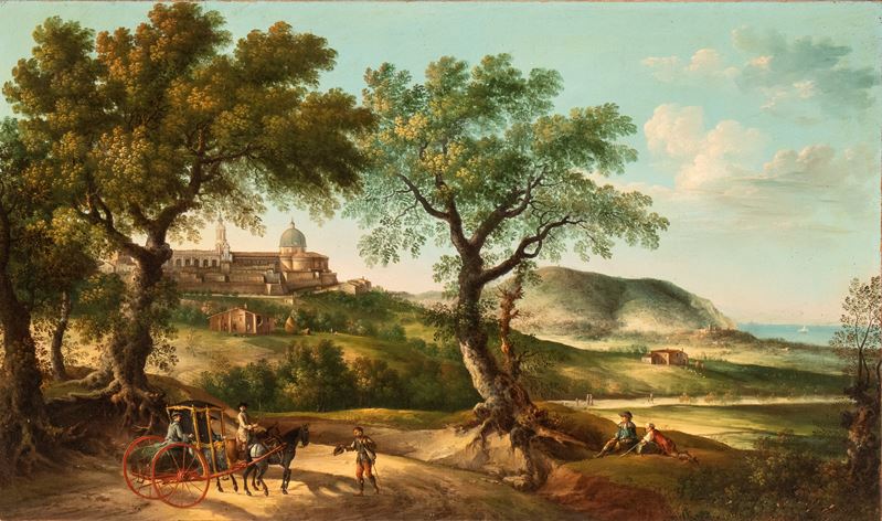 Veduta di Loreto con il monte Conero sullo sfondo, carrozza, pellegrini e viandanti