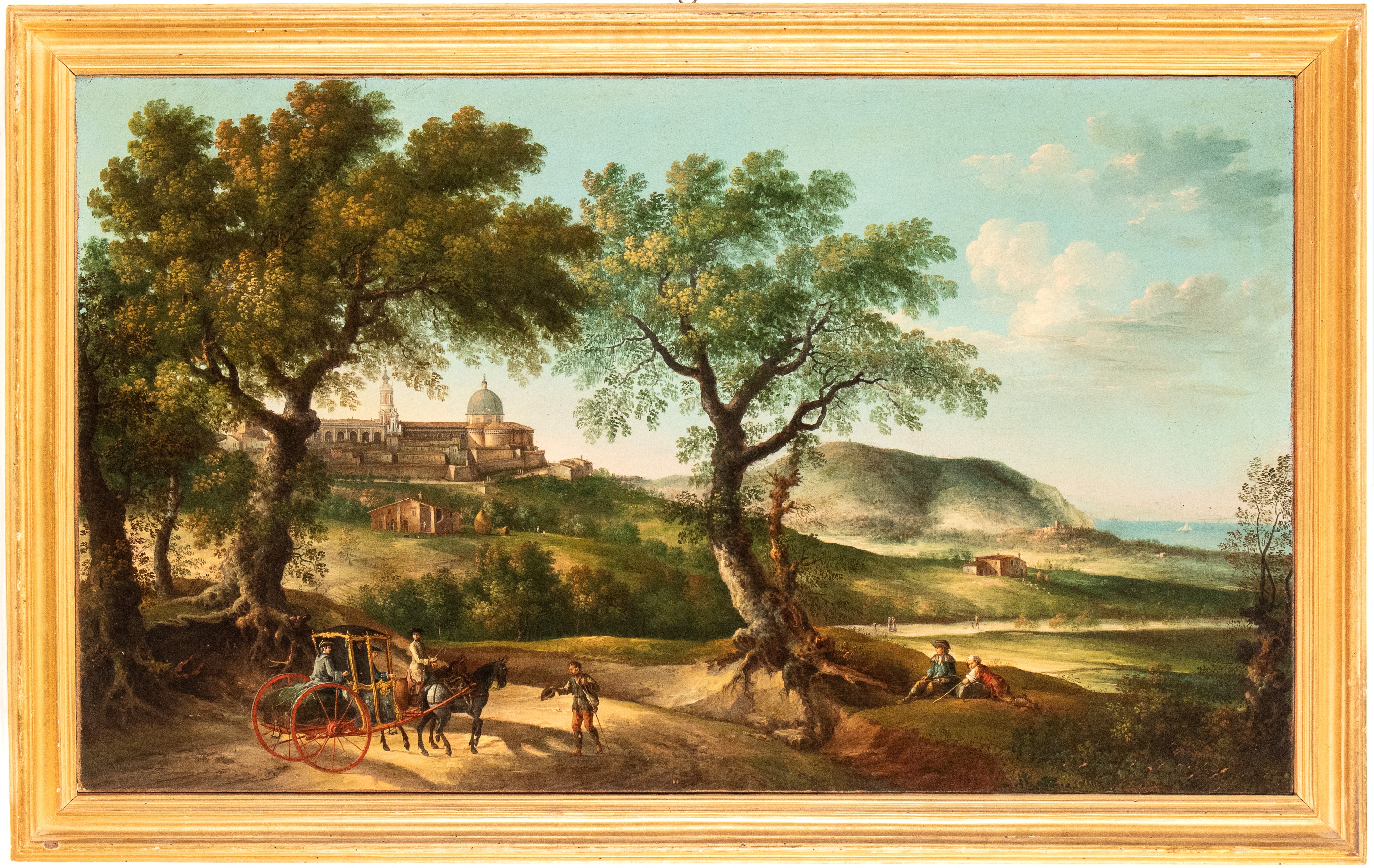 Veduta di Loreto con il monte Conero sullo sfondo, carrozza, pellegrini e viandanti