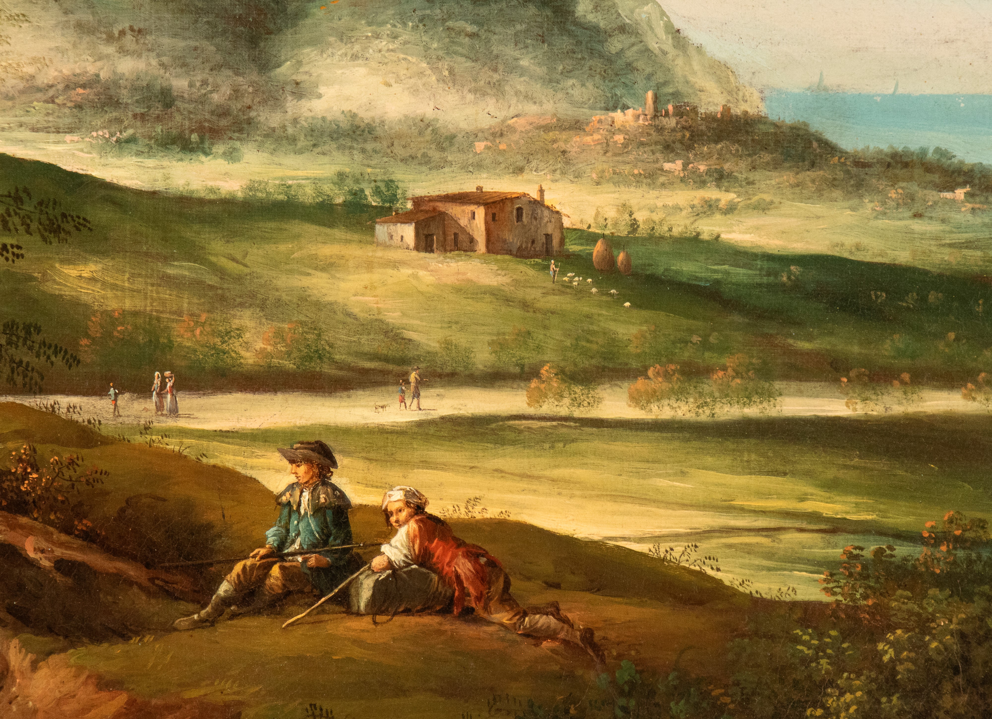 Veduta di Loreto con il monte Conero sullo sfondo, carrozza, pellegrini e viandanti