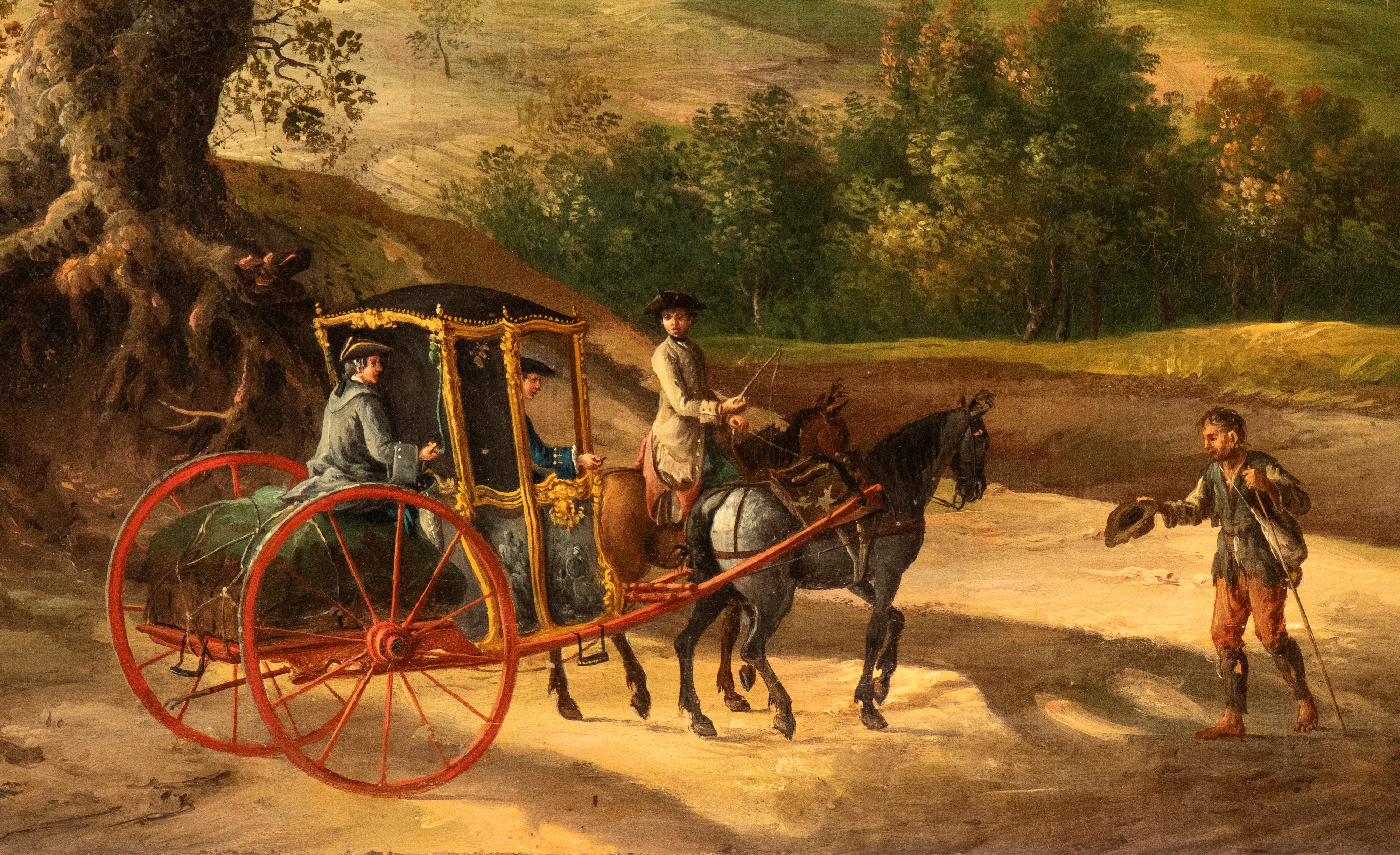 Veduta di Loreto con il monte Conero sullo sfondo, carrozza, pellegrini e viandanti