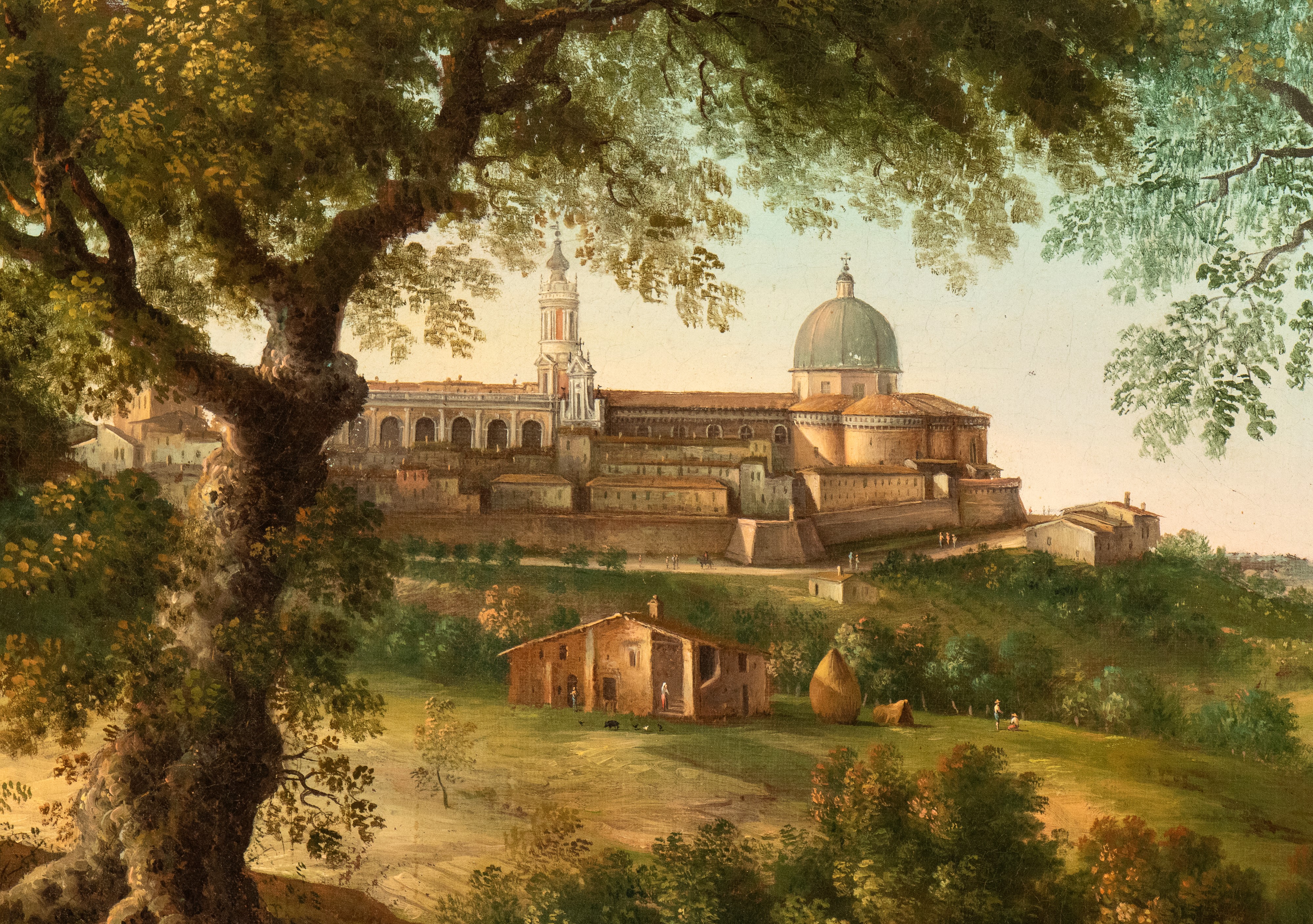 Veduta di Loreto con il monte Conero sullo sfondo, carrozza, pellegrini e viandanti