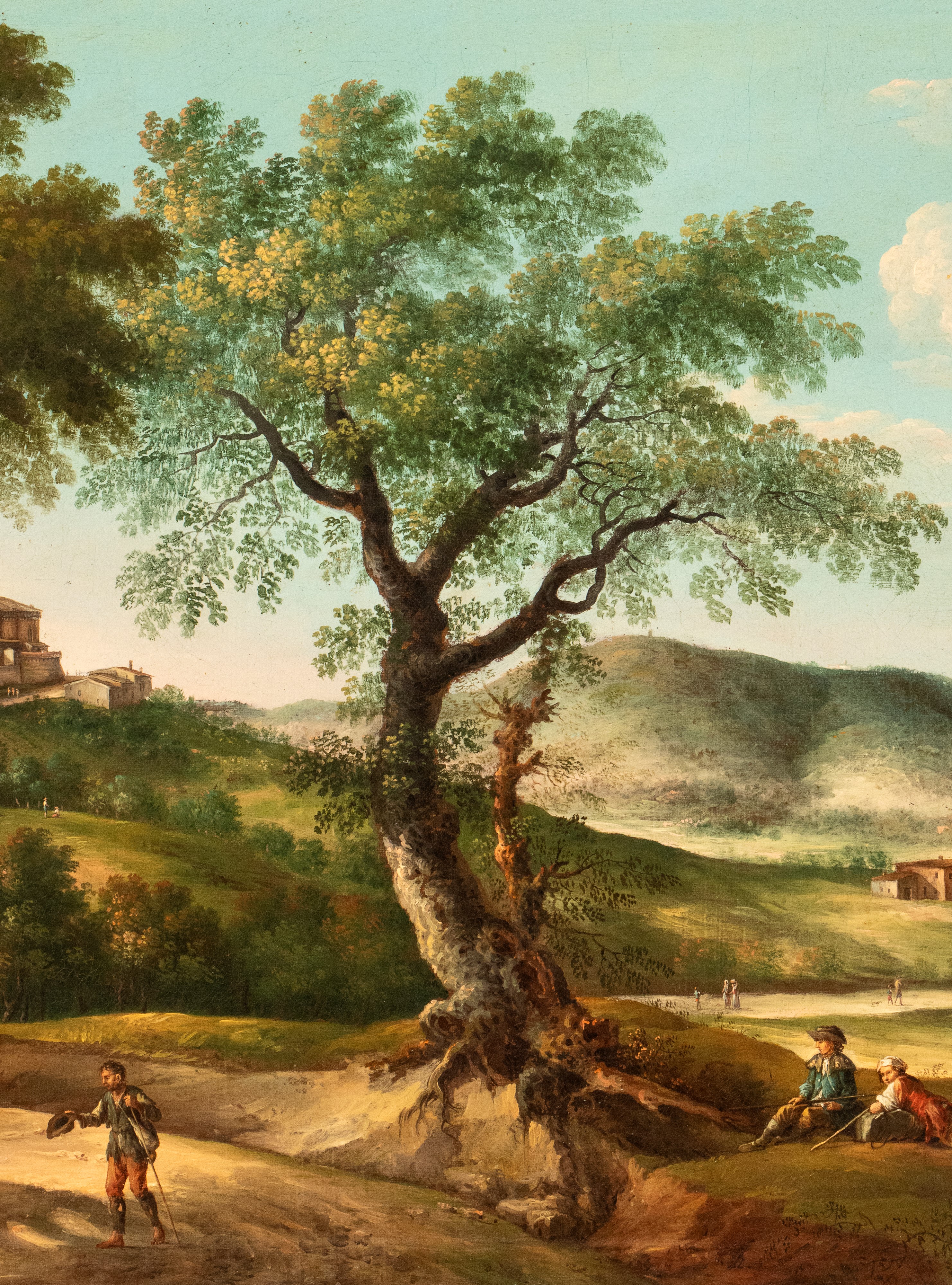 Veduta di Loreto con il monte Conero sullo sfondo, carrozza, pellegrini e viandanti