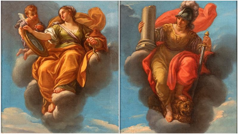 a) Allegoria della Prudenza; b) Allegoria della Fortezza. Coppia di dipinti