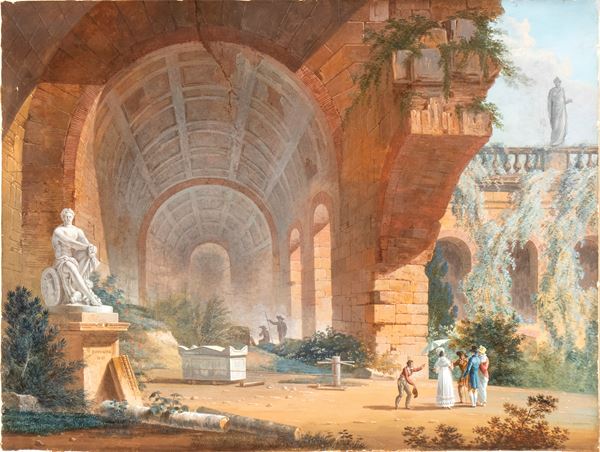 Capriccio with Roman ruins and monuments, a group of tourists, and the Ludovisi Ares statue