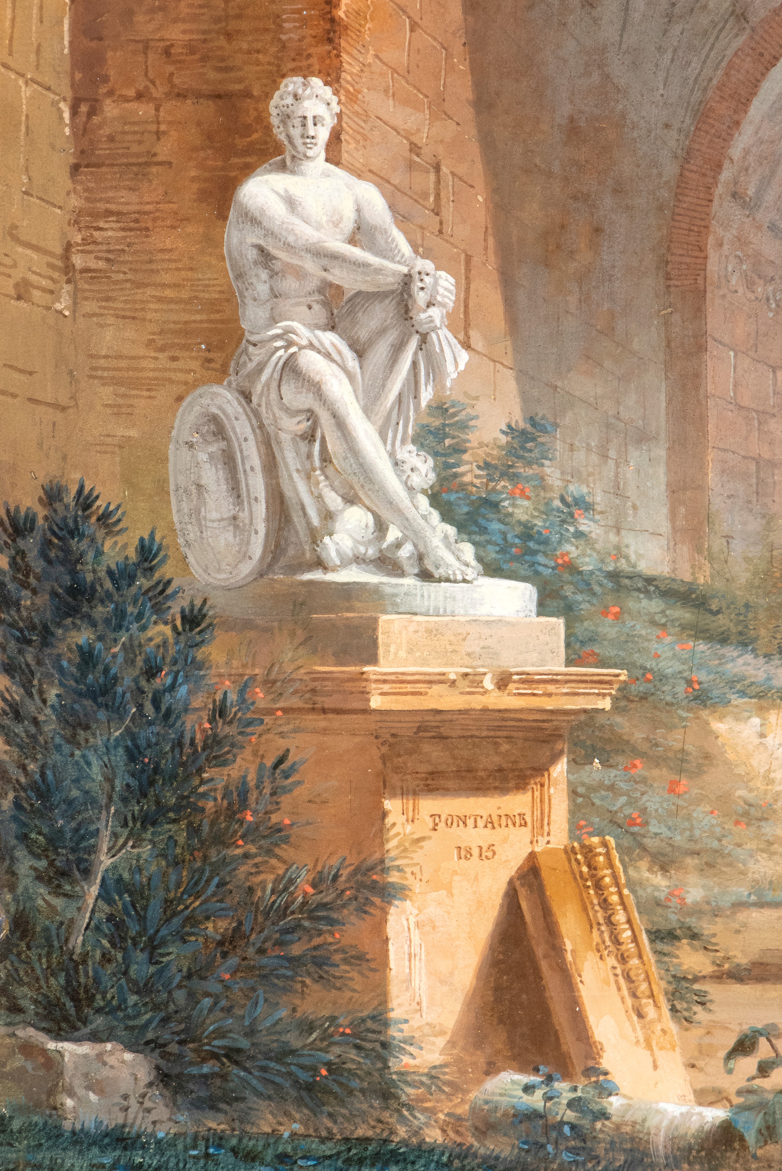 Capriccio con rovine e monumenti romani, un gruppo di turisti e la statua del Marte Ludovisi