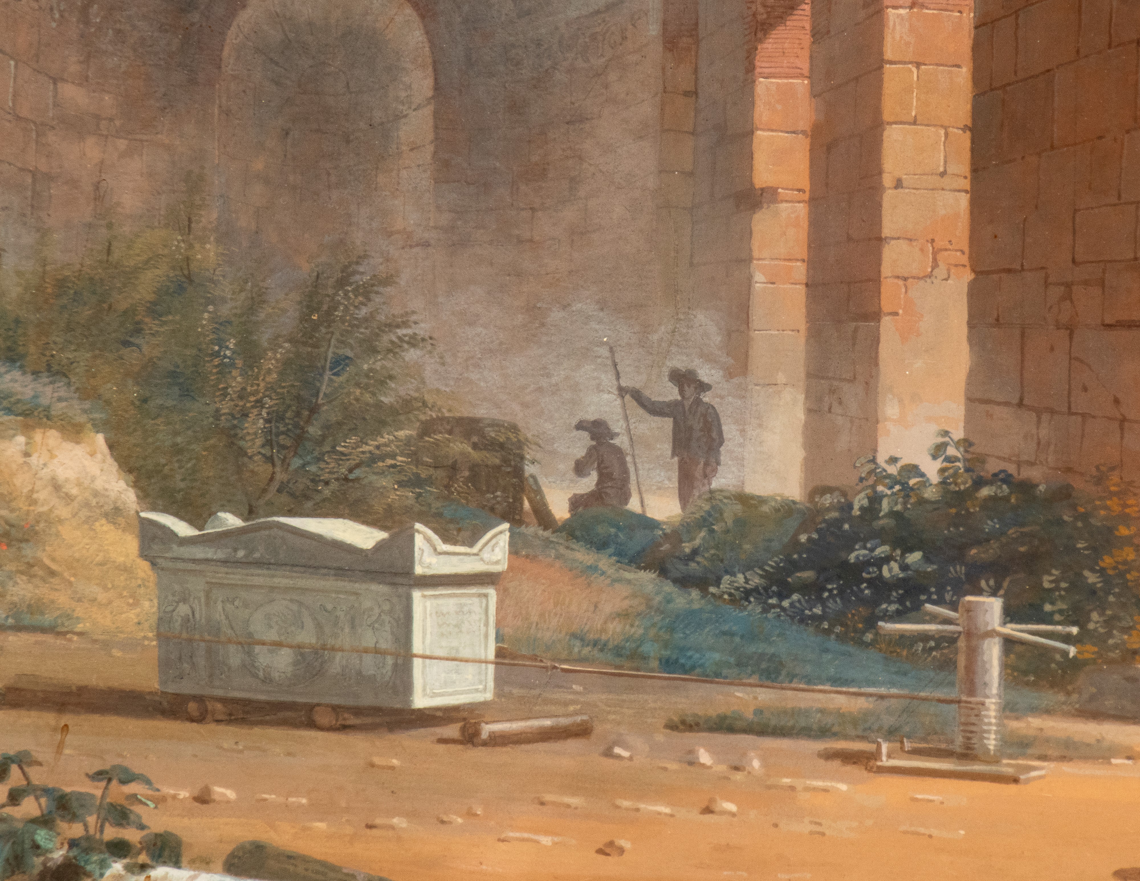Capriccio con rovine e monumenti romani, un gruppo di turisti e la statua del Marte Ludovisi