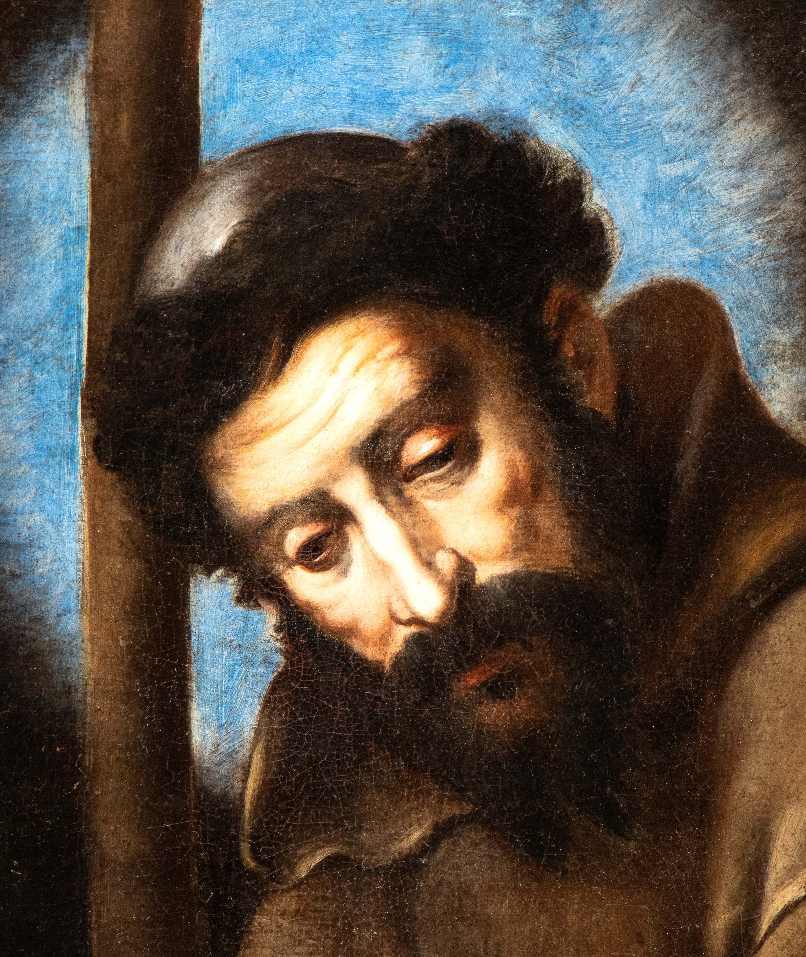San Francesco abbracciato alla croce con teschio e rosario