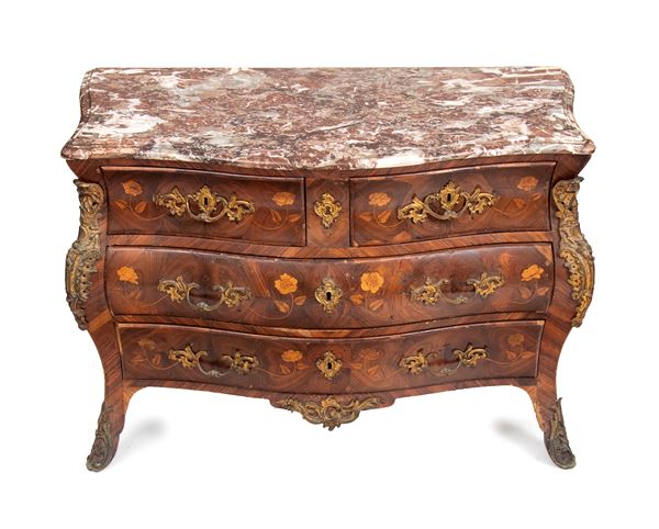 PIERRE FLÉCHY - Louis XV-style inlaid chest of drawers with a marble top