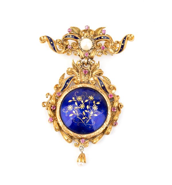 Ruby pearl enamel gold drop brooch