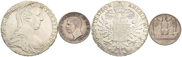 LOTTO di 2 monete; tallero 1780 (XX secolo) e 1 moneta da 5 lire 1927 "aquilotto". Ag