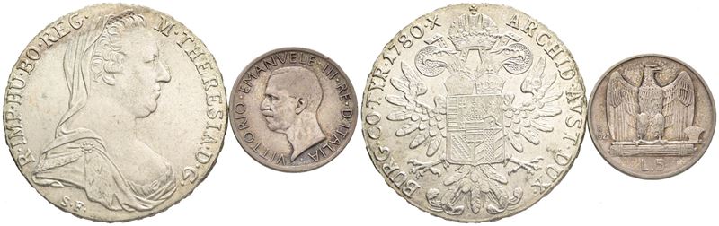 Lotto di 2 Monete; Tallero 1780 (XX Secolo) e 1 Moneta da 5 Lire 1927 "aquilotto". Ag