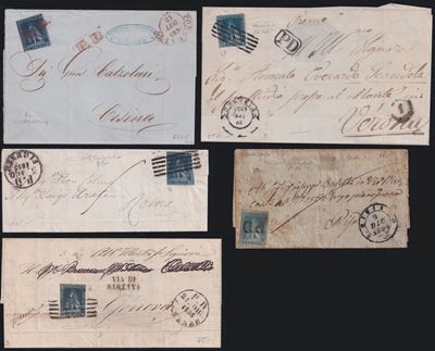 Toscana, Annulli postali su 5 oggetti postali (francobolli del 1851, 2 cr e 6 cr)