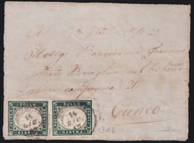 05.06.1857, Fronte di lettera dalla Sardegna con tariffa per militari 5+5 centesimi (due esemplar...