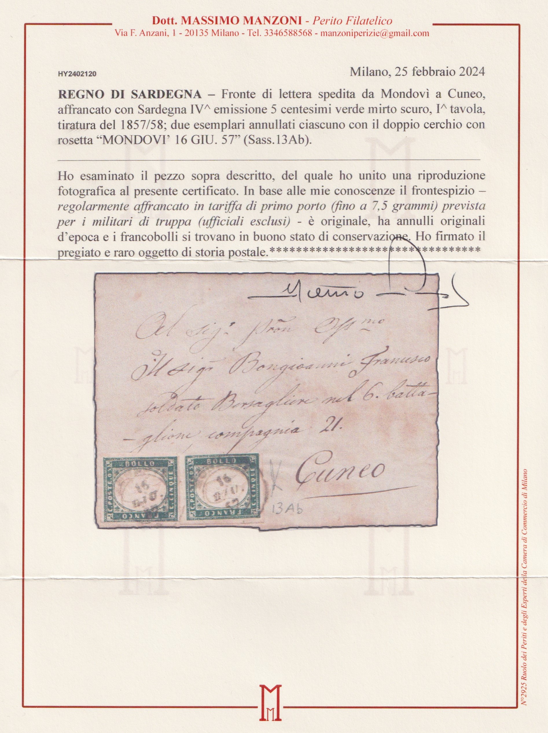 05.06.1857, Fronte di lettera dalla Sardegna con tariffa per militari 5+5 centesimi (due esemplar...