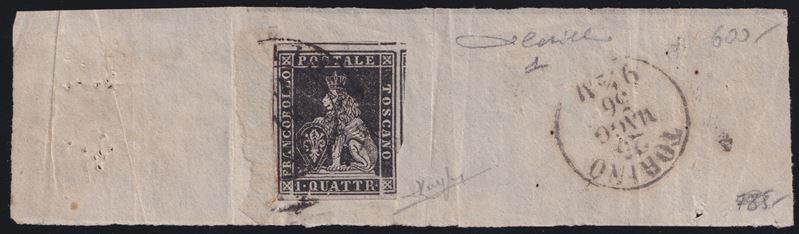 Fascetta postale toscana, 25 maggio 1856, affrancata con 1 quattrino nero-grigio n. 1