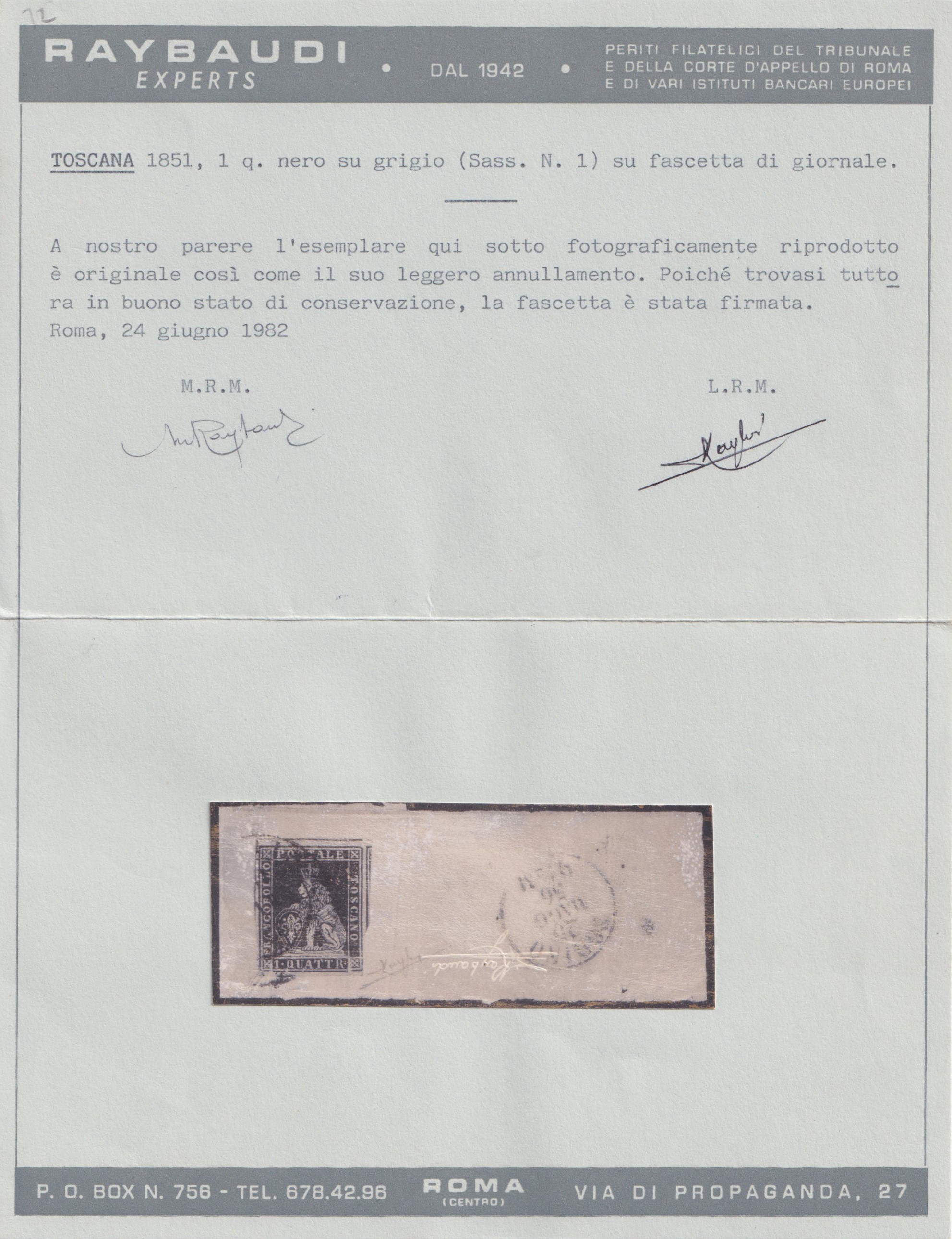 Fascetta postale toscana, 25 maggio 1856, affrancata con 1 quattrino nero-grigio n. 1