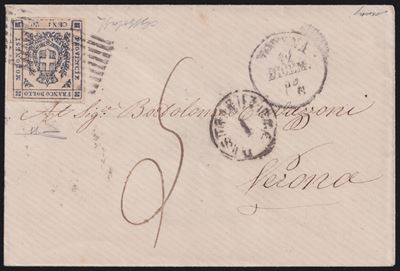 12 dicembre 1859, Busta postale Modena–Verona con affrancatura da 20 centesimi su ardesia violace...